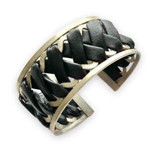 Silver Woven Leather Cuff Bracelet Black Laced Adjustable Steampunk Gothic Vamp